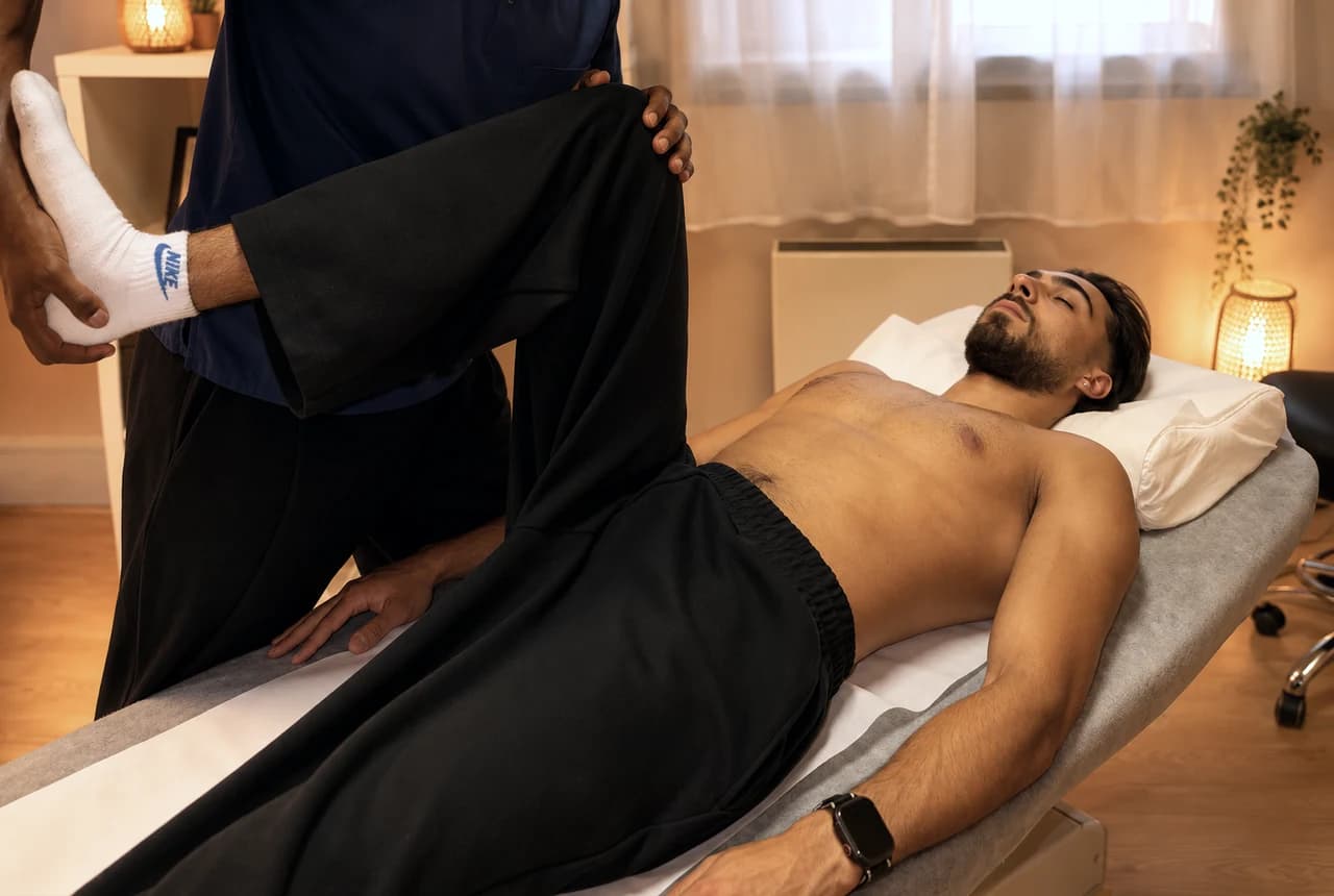 Mobilisation de la jambe lors d'une consultation d'ostéopathie du sport